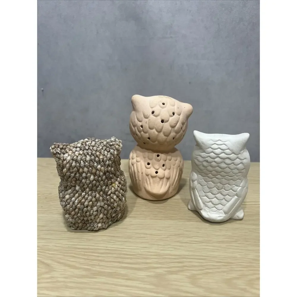 Vintage Sea Owls Shell /Chalk Folk Art Sculpture Owl Figurine Google Eyes Lot 3 - Picture 3 of 7